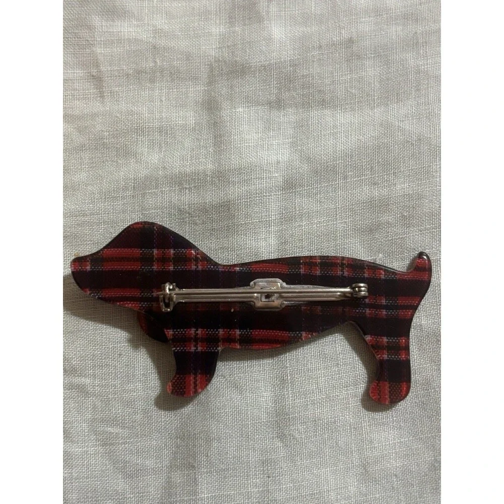 Vintage Dachshund Scotty Dog Brooch Red Plaid Lucite Rhinestone Eye Pin